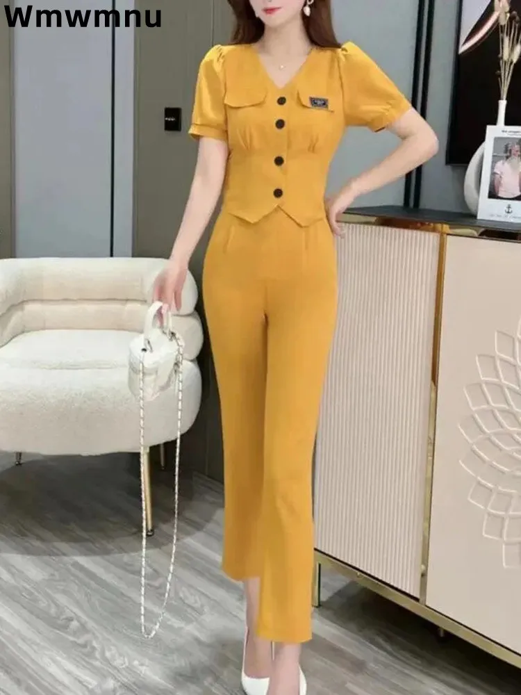 

Causal Slim Single Breasted Two Piece Set Summer Korean Short Sleeve Tops Conjuntos Fashion Straight Ankle-length Pants Ensemble