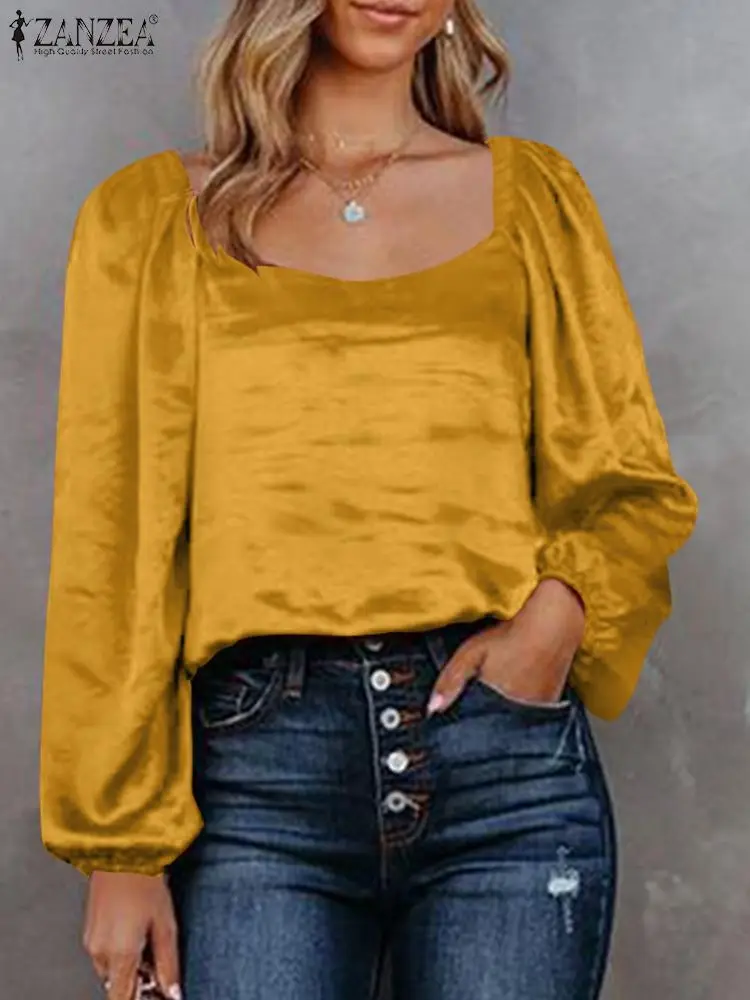 

ZANZEA Elegant Satin Blouse Women Spring Square Neck Long Sleeve Shirt Fashion Solid Holiday Blusas Female Mujer Stylish OL Tops