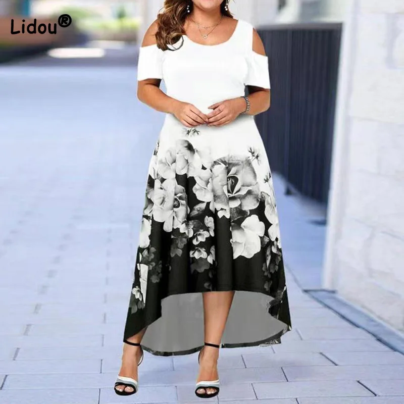 Oversized 5XL Summer Autumn Clothes for Women New Fashion Round Neck Floral Printing Hollow Out Short Sleeve Loose Maxi Dress