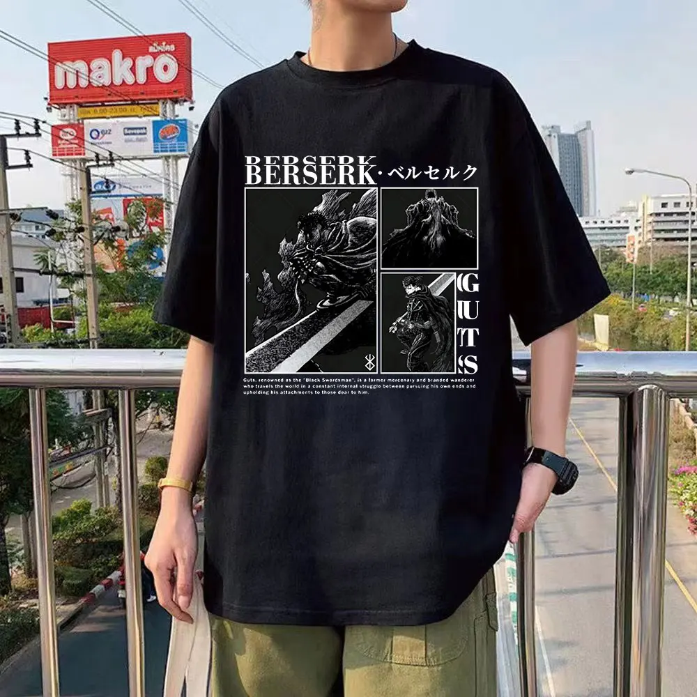 

Футболка мужская с принтом манги, модная безразмерная рубашка с рисунком героев аниме берзк кистик, меч, гатсу, Зингер, летняя