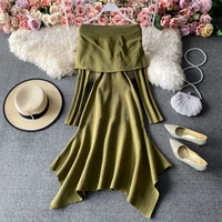sexy ladies temperament one word strapless knitted long sleeved dress with ruffled irregular mid length skirt dress 2022