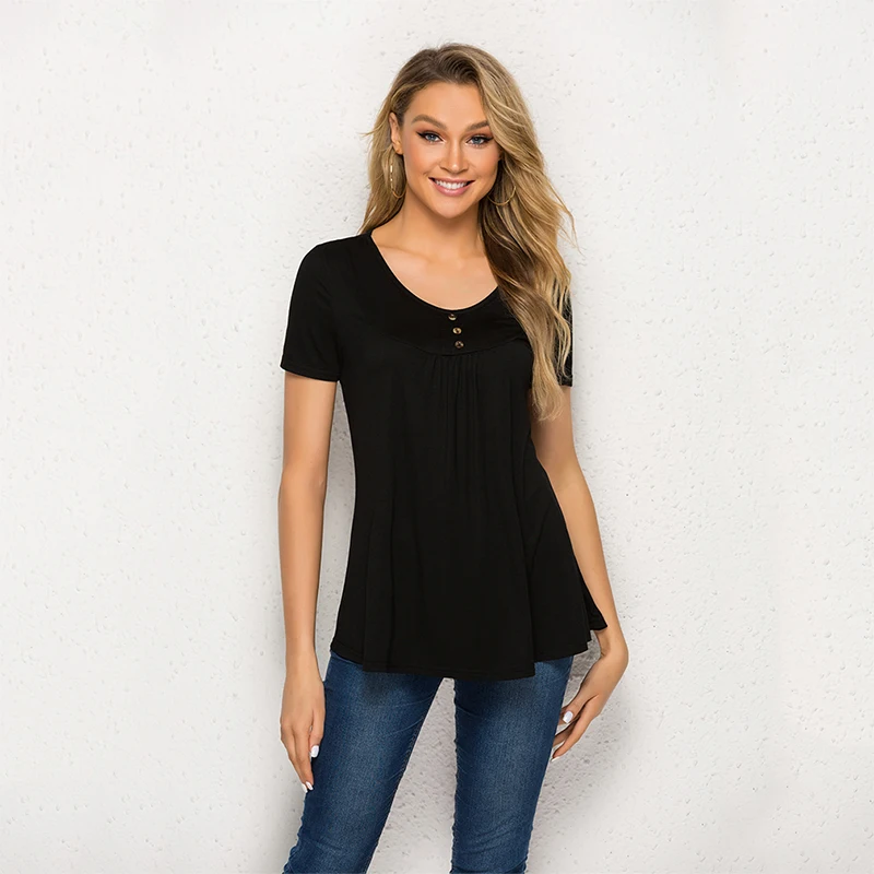 

Casual Round Neck Tops Women Summer Shirts Buttons Short Sleeve Solid Color Femme
