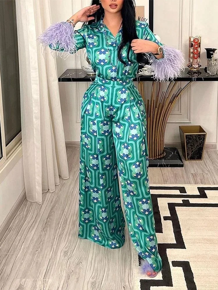 

Fashion Print Sleepwear Long Sleeve Two Piece Sets Women Pajamas Set Casual Loose Office Pants Set Elegant Satin Trouser Suits