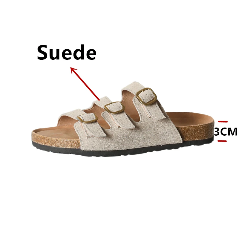 Real Leather Women Suede Slippers Summer Soft Cork Buckle Flip Flops Women Casual Woman Shoes Sandals