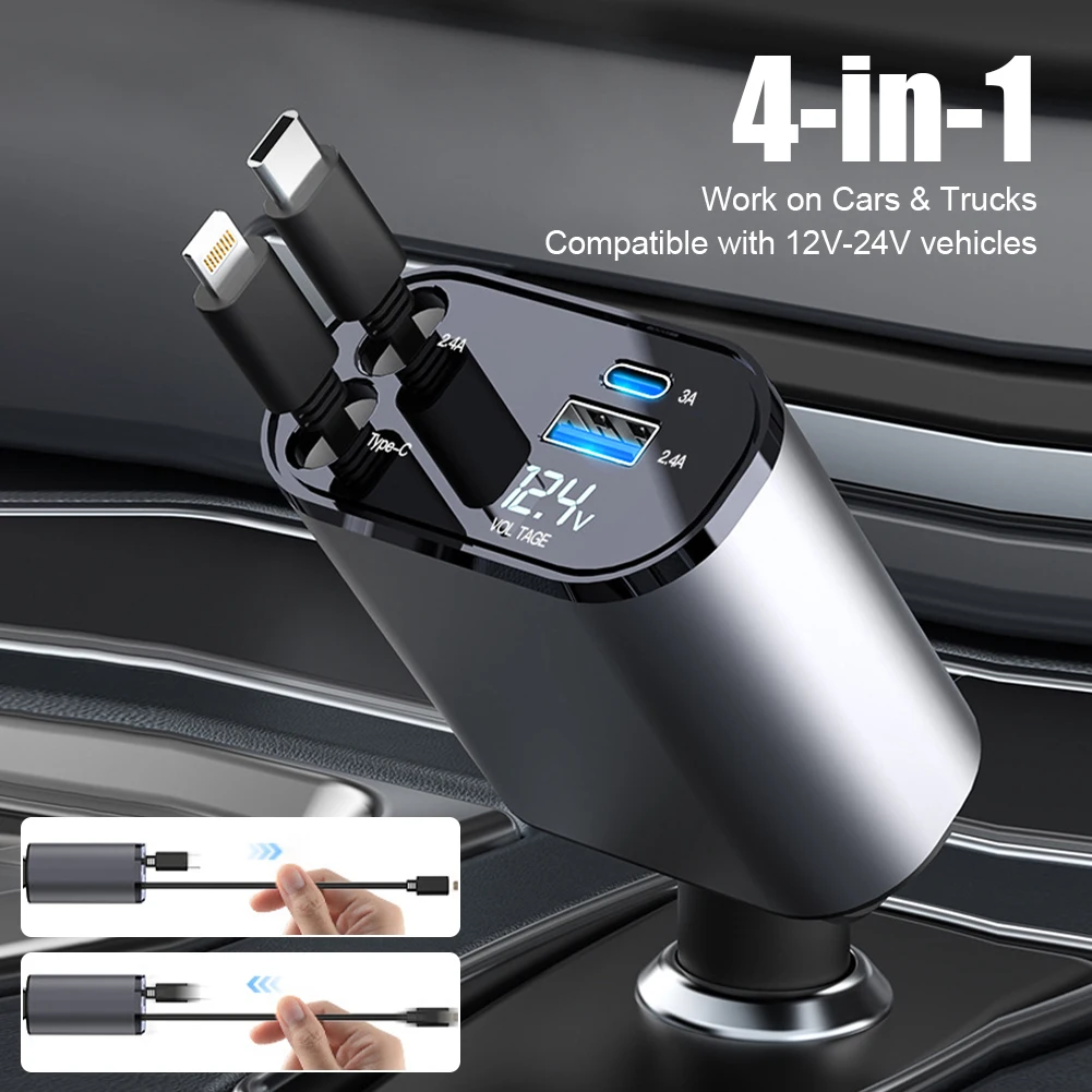 

100W 4 IN 1 Car Charger Adapter Dual USB Ports With 2 Telescopic Cable Car Cigarette Lighter Adapter For IPhone Huawei Samsung