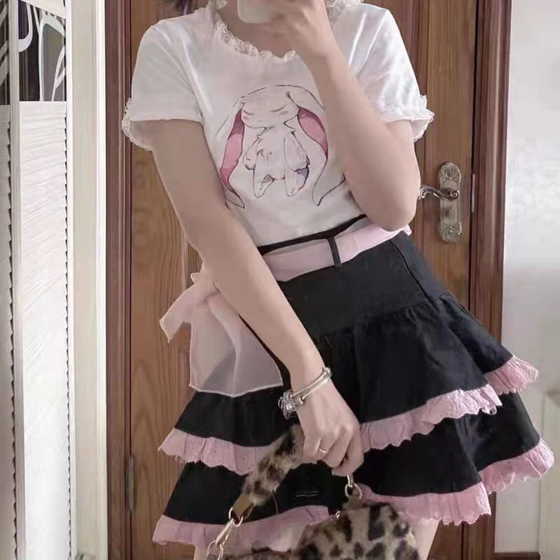 

Lolita Harajuku Patchwork Ruched High Waist Vintage Short Ruffles Retro Black Tennis A-line Skirt Gothic Pleated Cute Femme