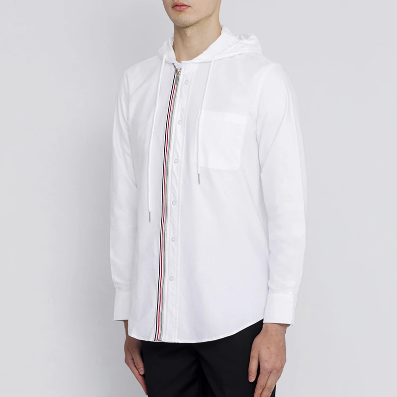 TB THOM Men's Shirt Clothing Zipper Hoodies Solid White Top Fashion Stripes Slim Casual Oxford Cotton Long Sleeve Women's Shirts