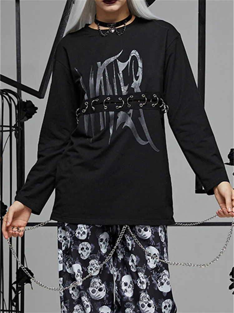 

Женская футболка с длинным рукавом, черная свободная футболка в готическом стиле с круглым вырезом и надписью, Повседневная футболка в стиле панк, Y2K, 2023
