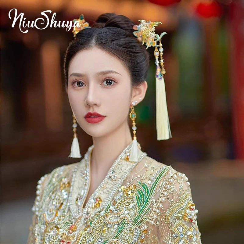 Нежные китайские заколки для волос NiuShuya, подиумная сцена, свадебные аксессуары для волос, птица, шампань