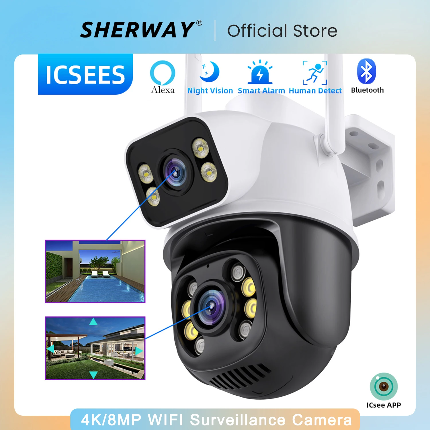 

4K 8MP Surveillance Cameras Waterproof Outdoor Wireless Security Camera Dual Lens Security-Protection ICsee AI Track IP Camera