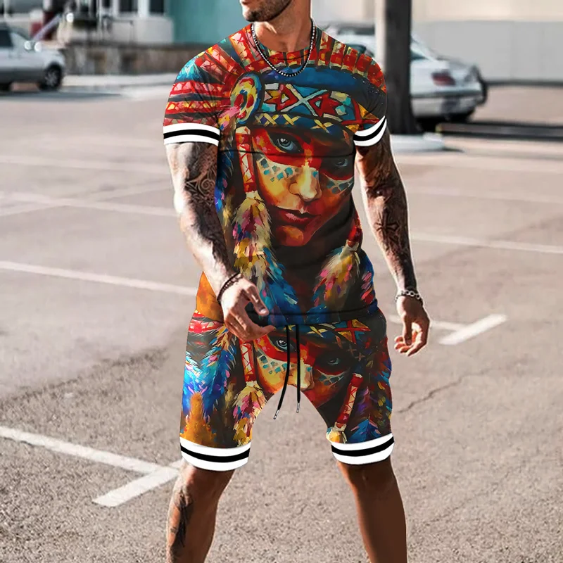Indian Culture T-shirt Shorts 2-Piece Fashion 3D Templar Knight Print Top Men's Summer Harajuku Street Top Large Men's Set