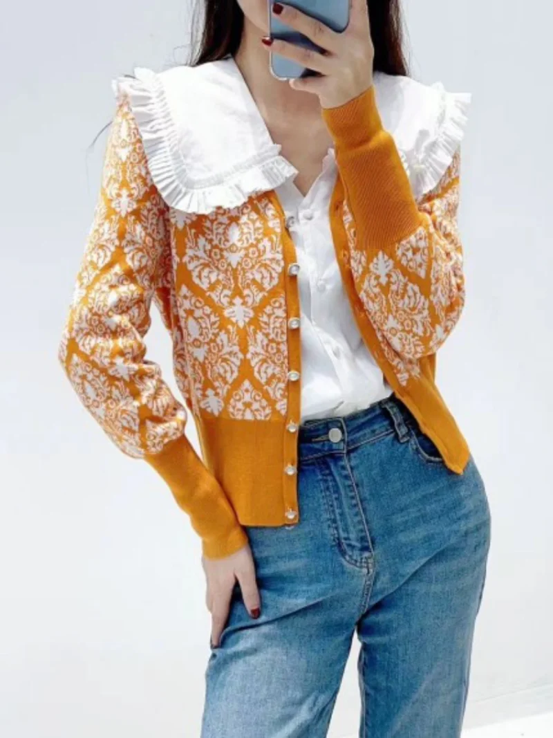 Bubble Sleeve V-neck Knitted Cardigan Thin Coat 2023 Spring New Commuting Single-breasted Long-sleeved Knitted Coat Woman