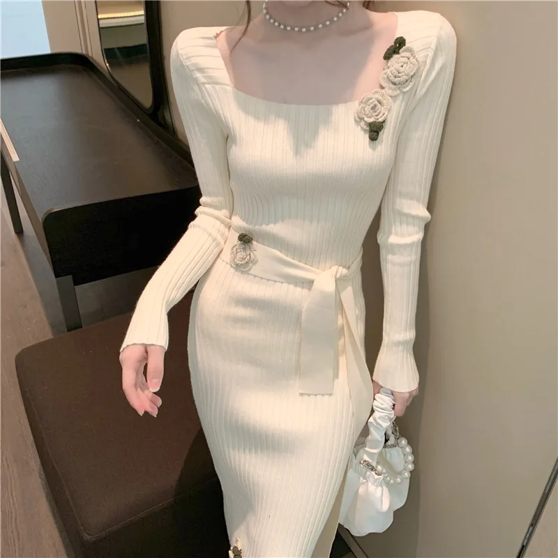

Woman Sexy Knitted Dress Korea White Homewear Slim Body Dresses Push Up Hip Streetwear Flower Knitted Pattern Bodycon Long Skirt