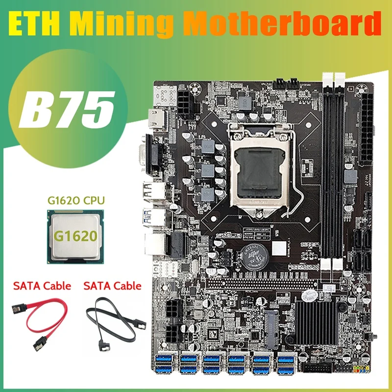 

B75 BTC Mining Motherboard+G1620 CPU+2Xsata Cable 12 PCIE To USB3.0 Adapter LGA1155 DDR3 B75 USB ETH Miner Motherboard