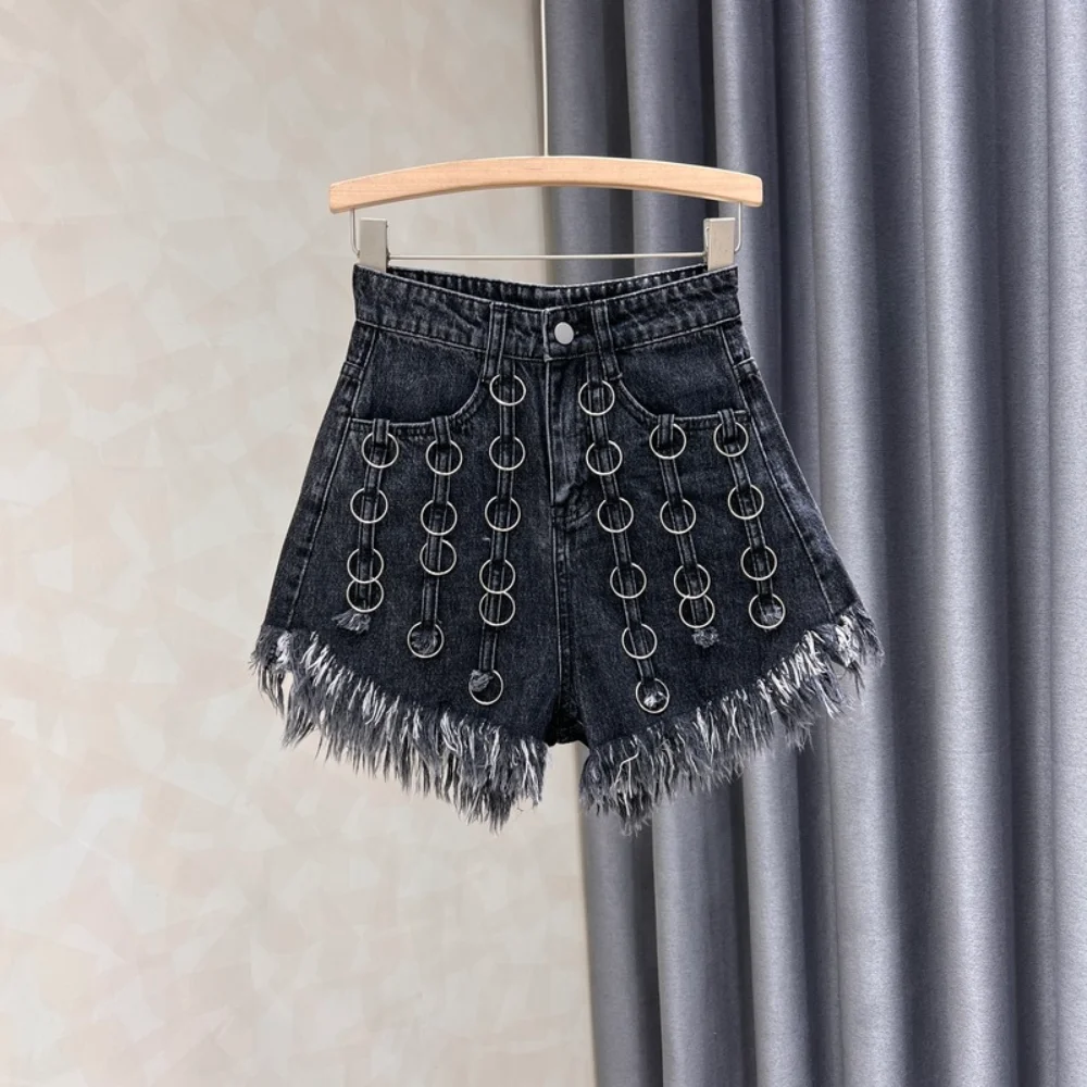 Ins Design Heavy Industry Ring Denim Shorts Women's Clothing Summer New Fashion Tassel Thin Effect High Waist Short Hot Pants