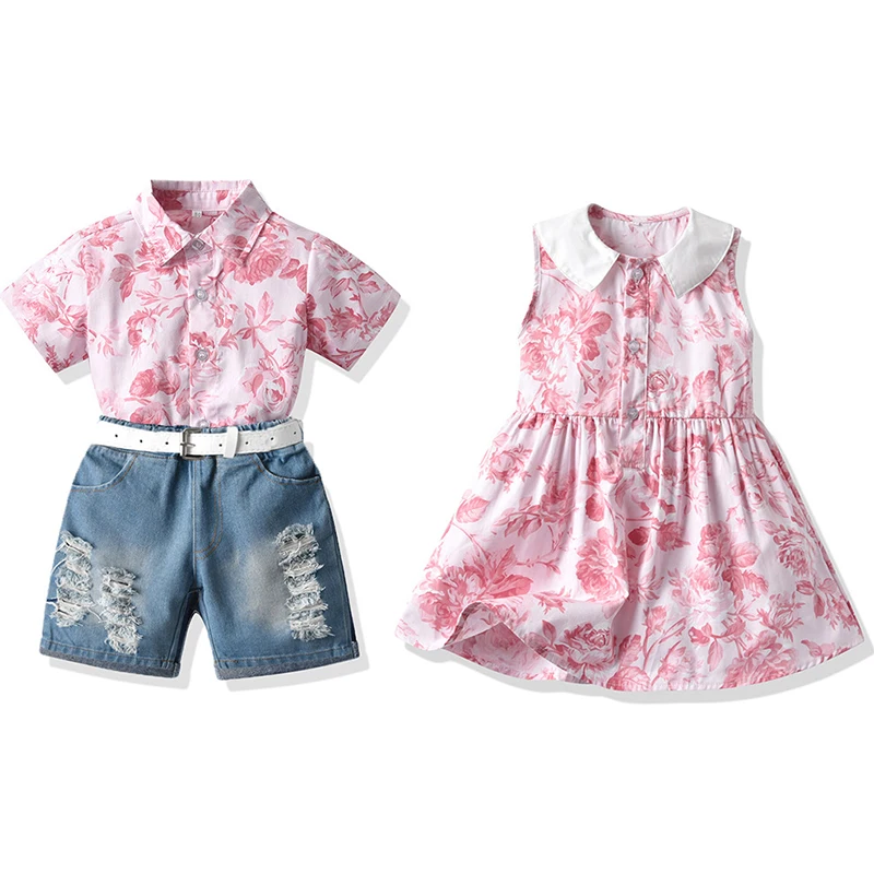 

Summer Brother And Sister Clothes Kids Matching Outfits Baby Boys Gentleman Suit Baby Girls Dress Sets Children Clothing Outfit