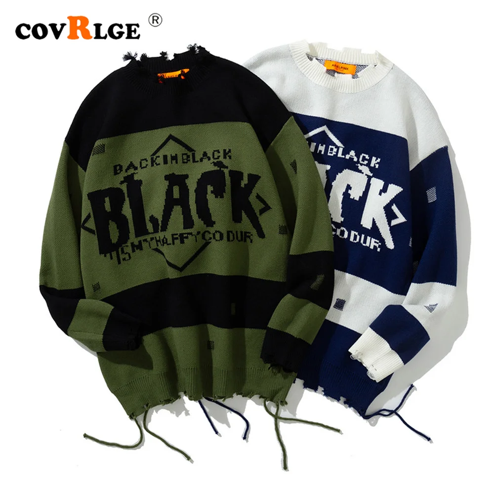 Covrlge Men's Sweater Loose Round Neck Winter Lazy Style Matching Letters Sweater Warm Knitted Tops Couples Streetwear MZM155