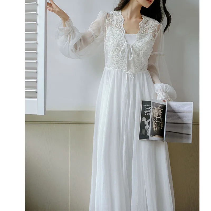Women White Long Morning Robe Princess Two-Pieces Lace Nightgown Gauze Full Sleeve Nightdress Lining Spaghetti Strap Nightie New