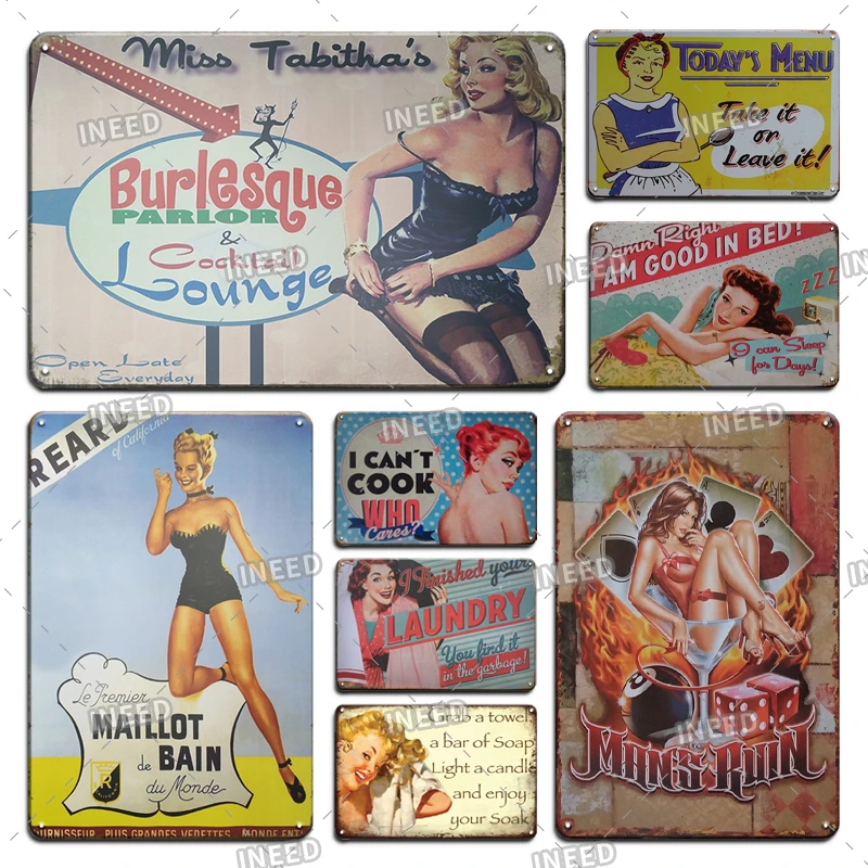 Vintage Metal Plate Pin Up Poster Beauty Girl VintageTin Sign Metal Decorative Posters for Wall Stickers Shabby Chic Wall Decor