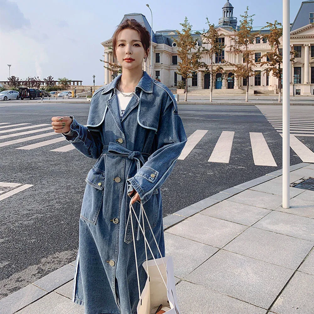 

New Spring Autumn Denim Jacket Women Fashion Lapel Single Breasted Jean Trench Coat Lady Vintage Pockets Lace-up Long Jean Coats