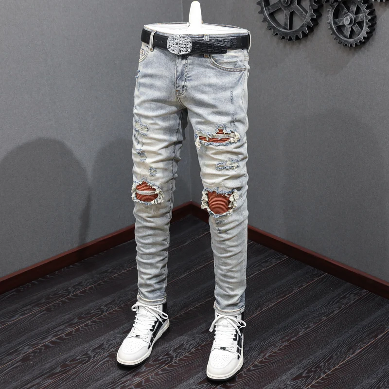 High Street Fashion Men Jeans Retro Gray Blue Elastic Stretch Skinny Ripped Jeans Men Patched Designer Hip Hop Brand Pants Homme