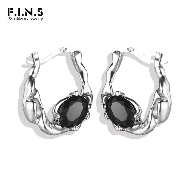 

F.I.N.S Luxury S925 Sterling Silver Fold Hoop Earrings INS Style Retro Old Irregular Black Zircon Ear Buckle Silver Fine Jewelry