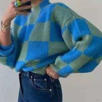 winter oversized sweaters women half turtleneck sweater knitted casual plaid pullover lantern sleeve jumper pull 2021 woman