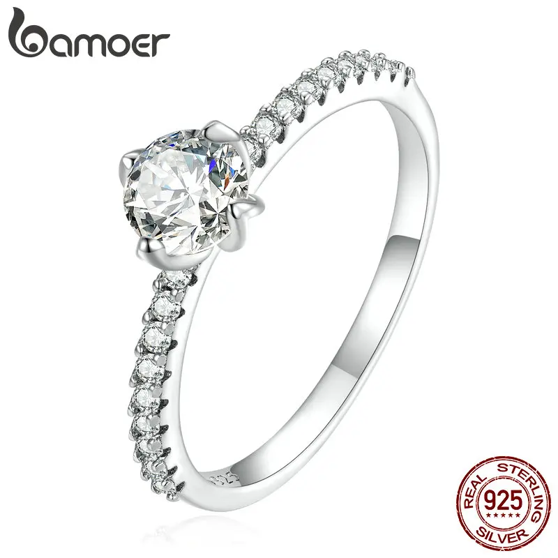 Bamoer 925 Sterling Silver Simple Zircon Ring for Women Engagement Anniversary Wedding Luxury Fine Jewelry Size 6-8 BSR303