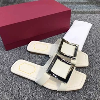 square buckle slippers 2022 new temperament all match thick heel square head leather white flip flop sandals women