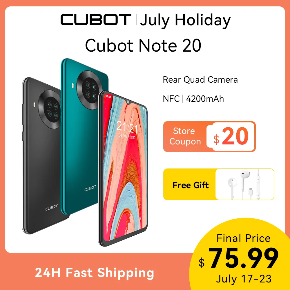 

Cubot Note 20 Smartphone Rear Quad Camera NFC Google Android 10 6.5 Inch 4200mAh Dual SIM Card Telephone 4G LTE 3GB+64GB Celular