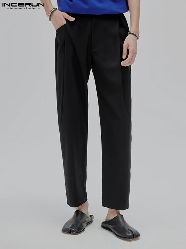

Повседневные универсальные простые брюки INCERUN, мужские двухцветные Асимметричные брюки, мужские однотонные удобные девять точек, бриджи 2022
