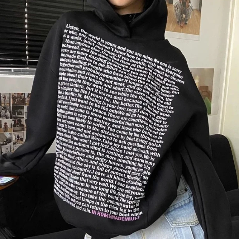 Толстовки с надписью Женский мешковатый Топ хлопковый свободный текст тренд 2025