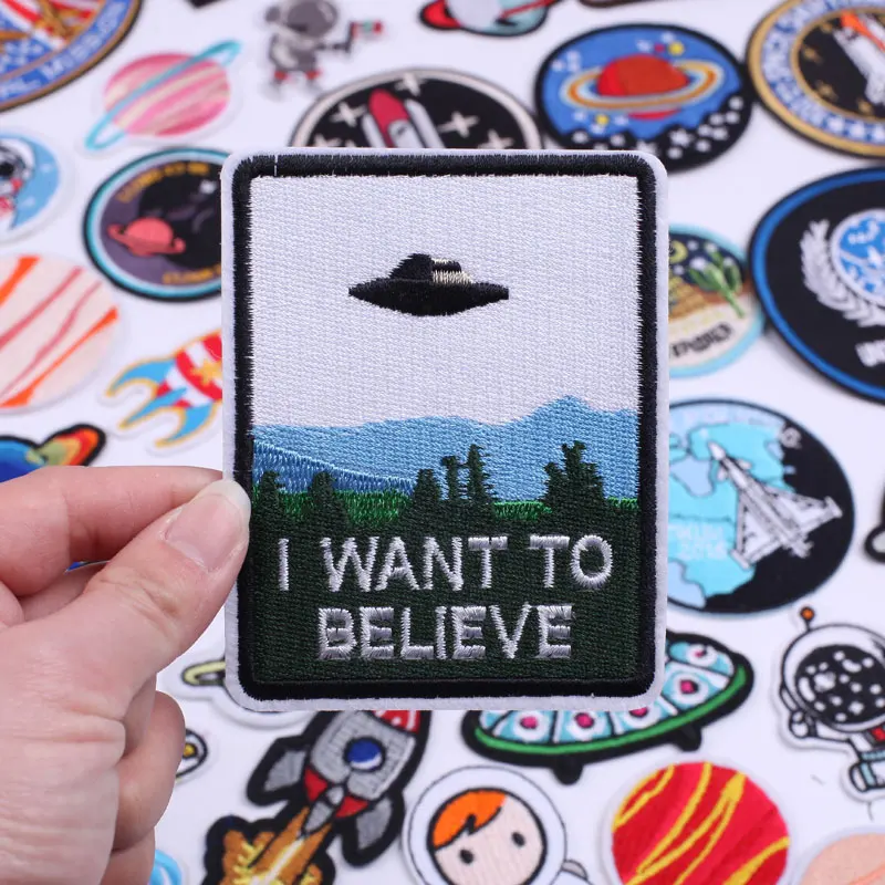 

I Want To Leave Iron on Letters Patches for Clothing Thermoadhesive Patch Stickers Diy Sew on Alien UFO Space Fusible Patches