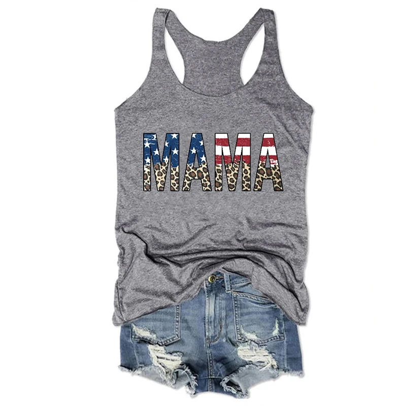 

American Flag Mama Tops Independence Day Tank Tops 4th of July Red White Blue Clothes Memorial Day Black Top Womens