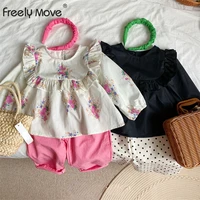 freely move blouse long sleeve print o neck new fashion casual sweet cute lovely floral ruffle autumn children kids for girls