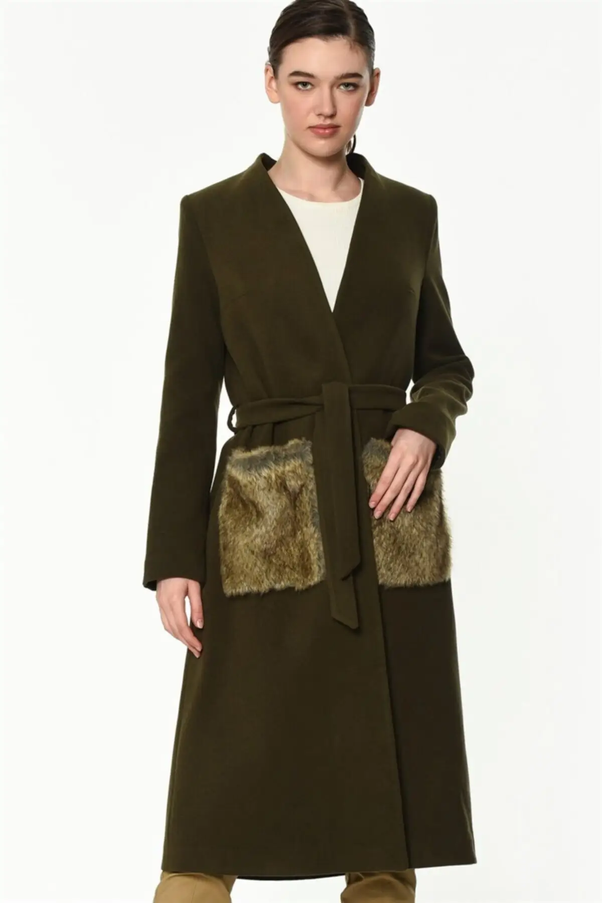 Women's Coats Khaki Color Long Sleeve Patternless Thick Buttoned Belt Stylish Elegant 2021 Winter Autumn Fashion Outerwear