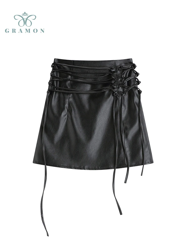 

New Design Bandage PU Leather Skirt Women 2022 Summer Sexy Hot Girl Mini Dress Female Streetwear High Waist A Line Slit Skirts
