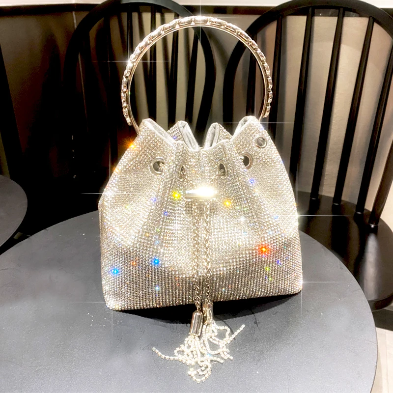 

JIOMAY Rhinestone Handbag for Women 2023 Designer Luxury Bucket Clutch Bag Lady Fashion Evening Wallet Chain Tassel Shoulder Bag