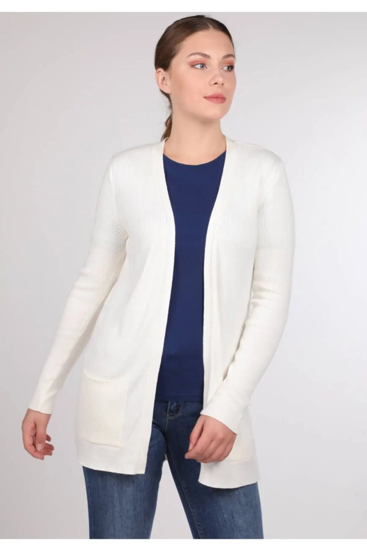 

Женский кардиган, белая спортивная одежда с открытыми передними карманами, повседневный вязаный качественный модный свитер, свободный дже...