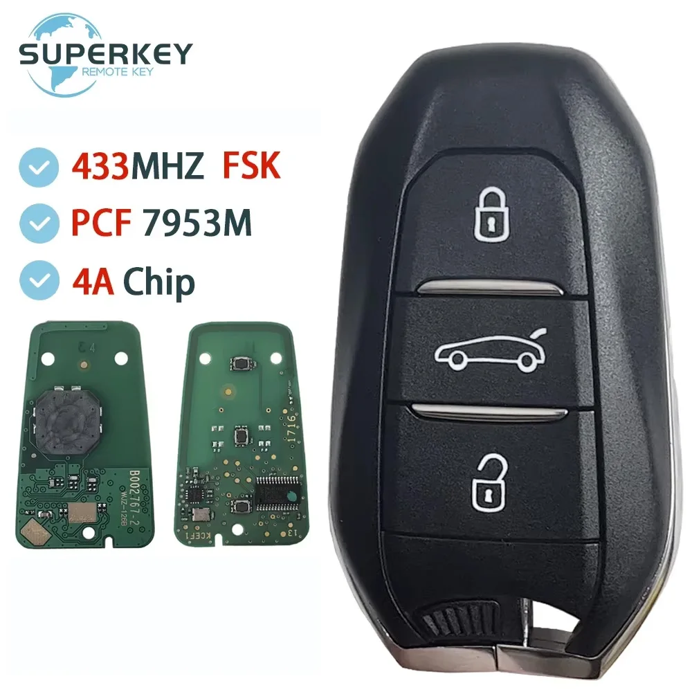 

Умный дистанционный ключ для автомобиля с 3 кнопками, 433 МГц, чип PCF7953 4A, для Peugeot 208, 308, 3008, 508, 5008, Citroen C4, C4L, DS4, DS5, с функцией Keyless Go.