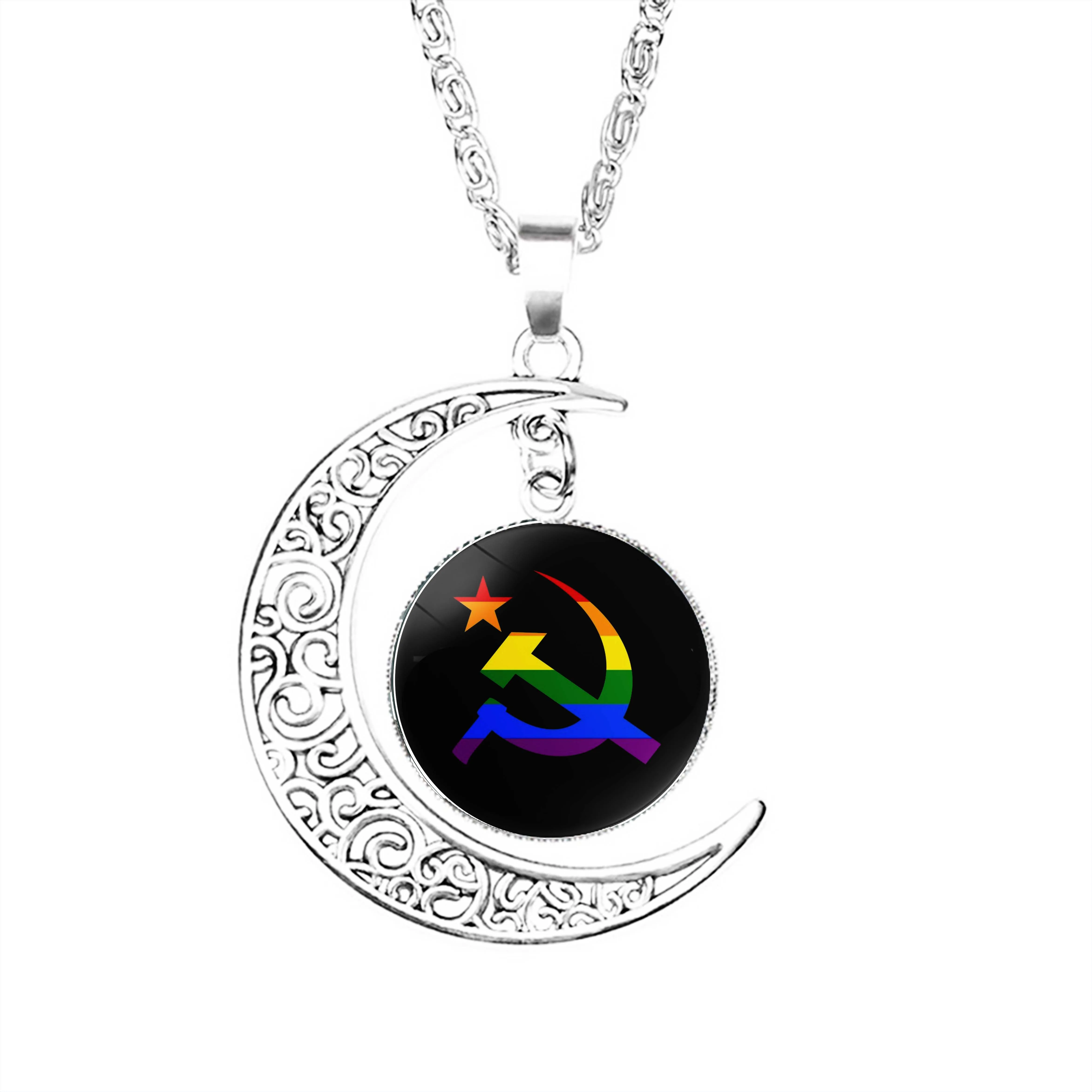 

Rainbow Hammer And Sickle Moon Necklace Glass Jewelry Accessories Party Dome Lovers Women Lady Charm Pendant Chain Boy Girls