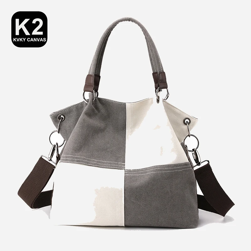 

KVKY Panelled Bucket Canvas Handbag Women Large Capacity Casual Shopping Tote Bag Girl Environmental Protect Canvas Shoulder Bag