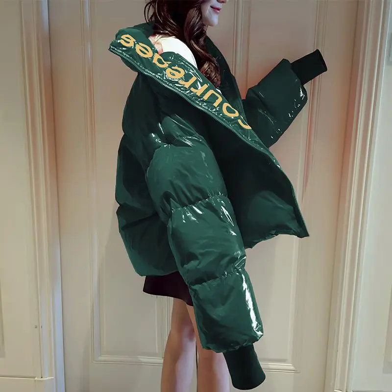 Womens Jackets Winter 2022 New Casual Bright Leather Embroidery Letters Parkas Streetwear Oversize Coats Long Sleeve Zipper Tops