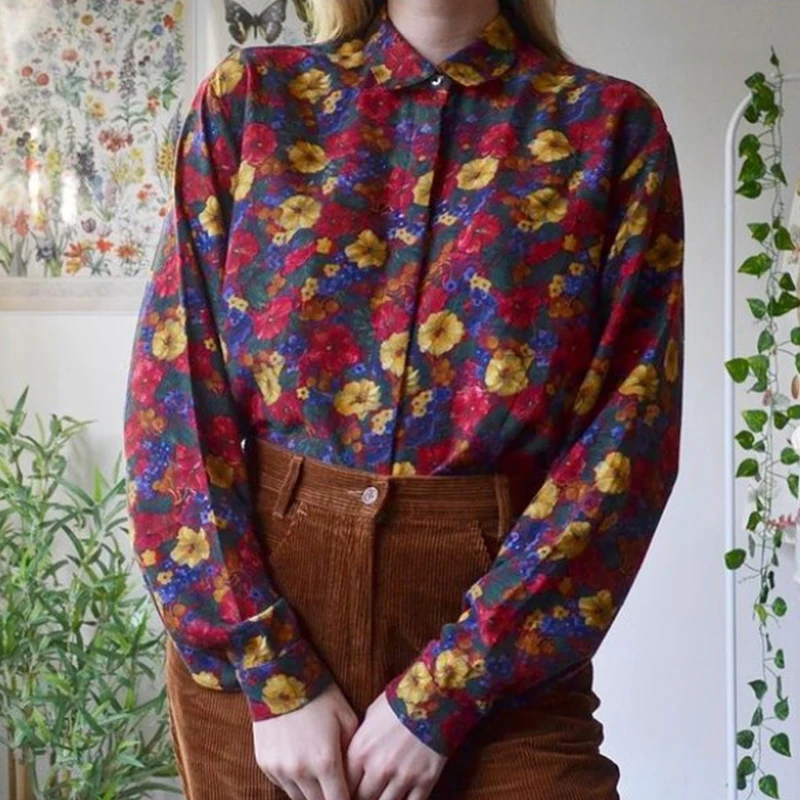 

Retro Fashion Print Lapel Long Sleeve Shirt