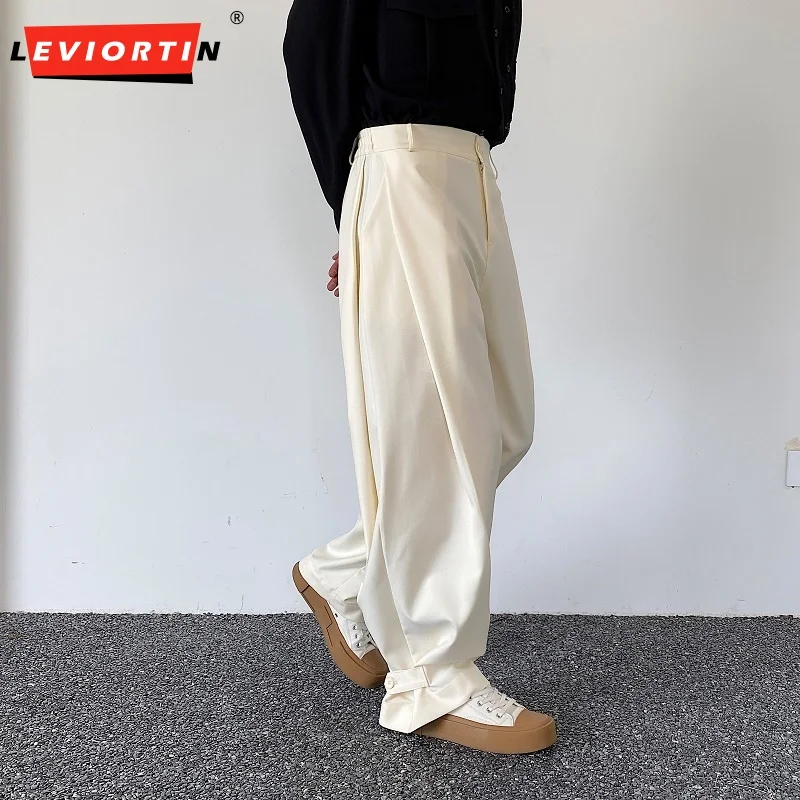 Модные мужские прямые брюки однотонные Свободные плиссированные широкие с