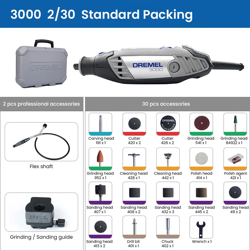 

Dremel 3000 Rotary Tool Multi Tool Kit Sanding Guide Flex Shaft with 30 Acessories Variable Speed for Carving Engraving Grinding