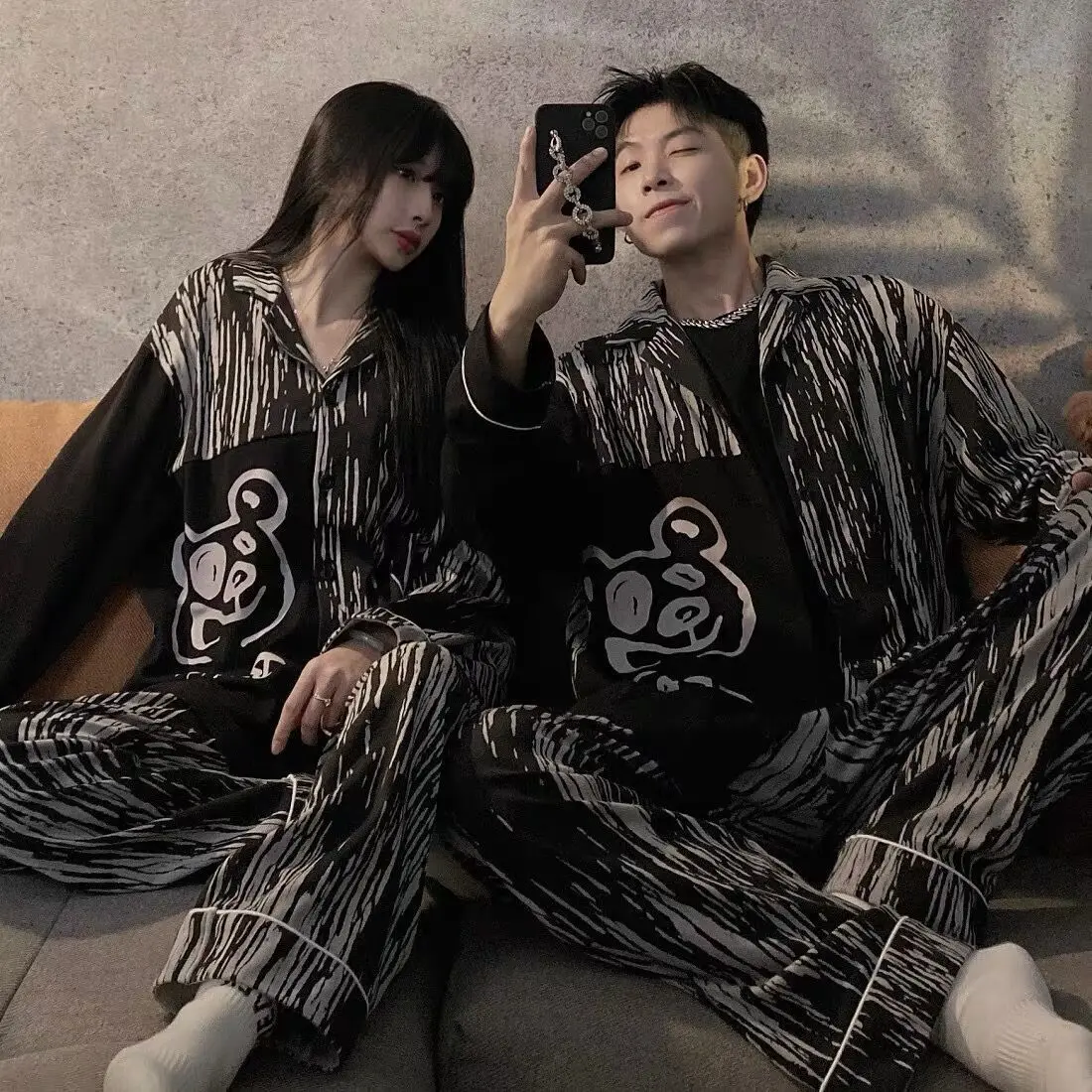 Paragraphs couple pajamas age season long sleeve thin cartoon brim summer lady leisurewear suit men