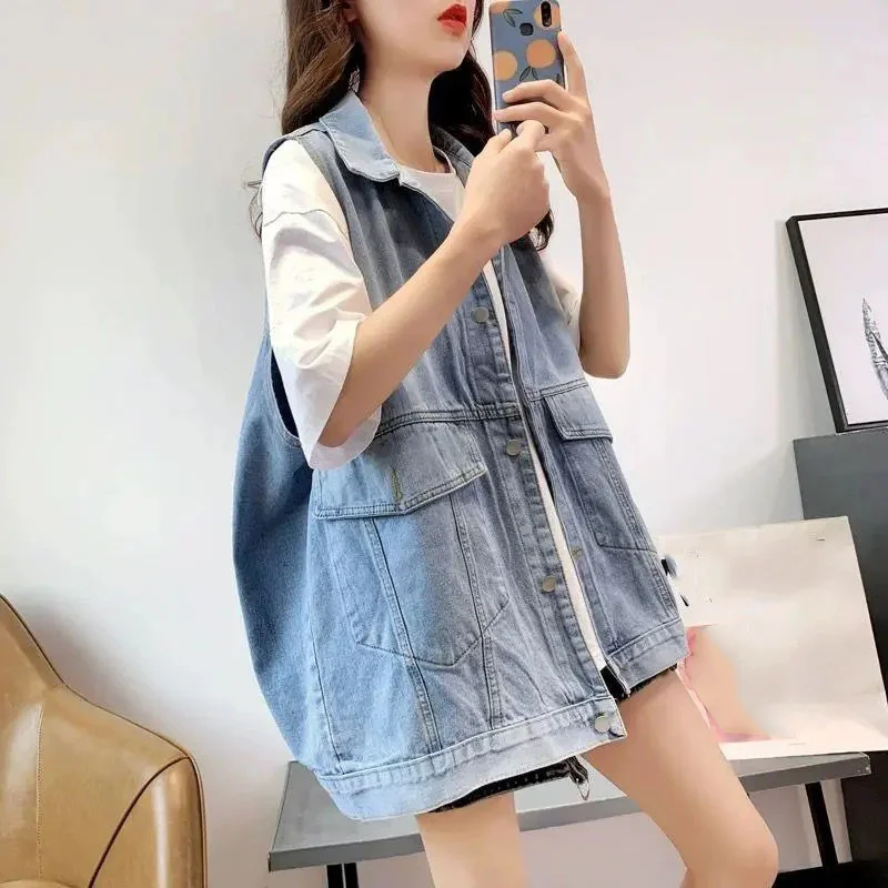 Новый джинсовый жилет для женщин, джинсы Veste, женская повседневная куртка без рукавов, корейский свободный женский жилет средней длины с принтом, S-4XL (art.: 3920cbdf58ac7) - 3920cbdf58ac7