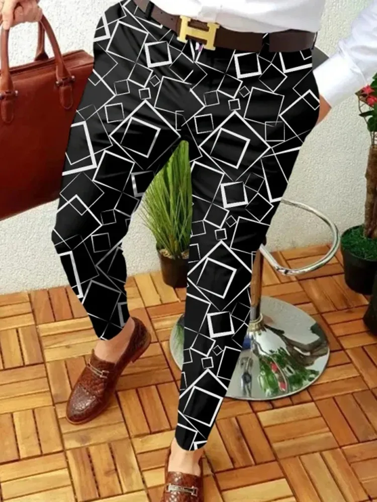 

2023 New Smart Casual Men's Pants geometry Print Pencil Pants Men Thin Mid Waist Jogger Casual Trousers Suit Pants