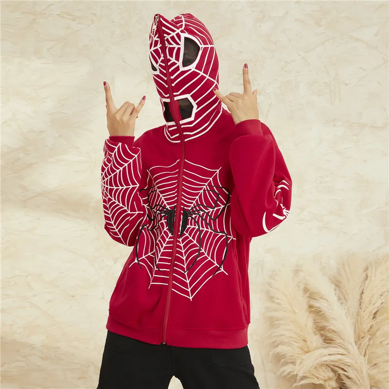 

Women Halloween Hooded Hoodie Sweatshirt Casual Loose Spider Web Print Long Sleeve Zip Up Jacket Autumn Spring Coat Streetwear